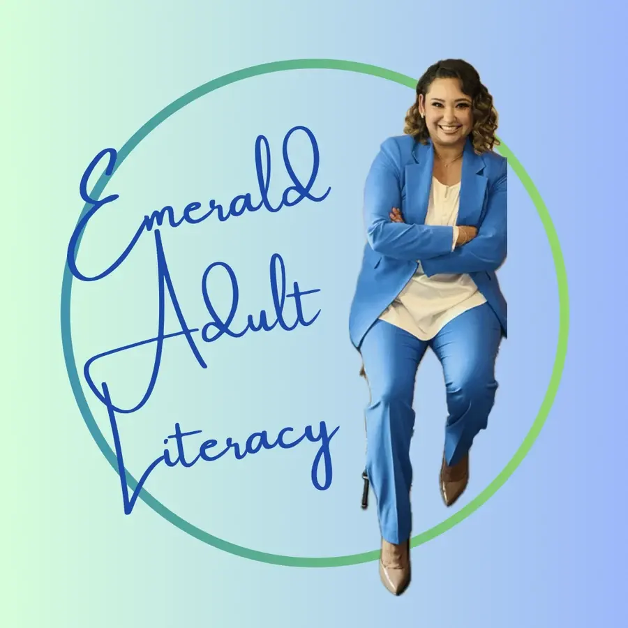Esmeralda Vargas in a blue suit, beside the words Emerald Adult Literacy.